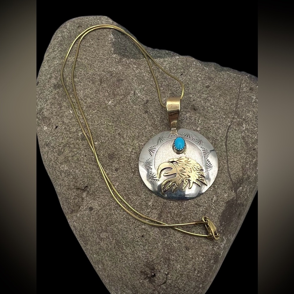Signed Navajo 12k GF Sterling Silver Turquoise Eagle Two Tone Pendant Necklace